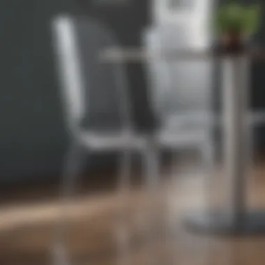 Close-up of clear acrylic dining chair showcasing design details