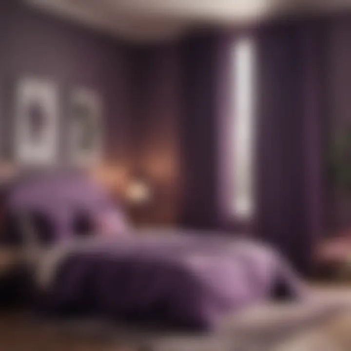 Stylish bedroom showcasing purple blackout curtains