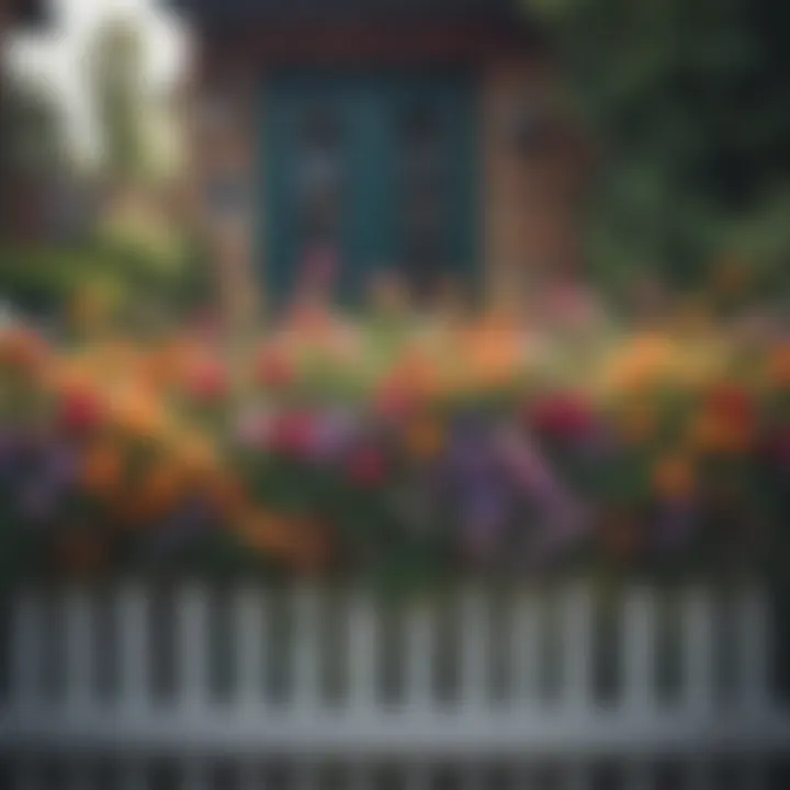 A beautifully arranged fence with various plant pot holders displaying vibrant flowers.