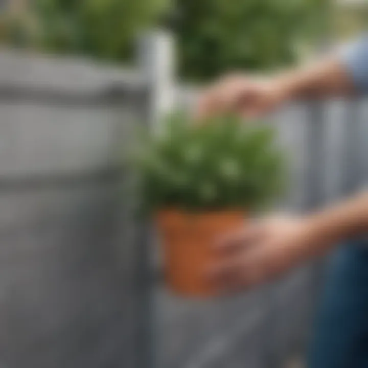 An expert demonstrating the installation of a wall-mounted plant holder on a fence.