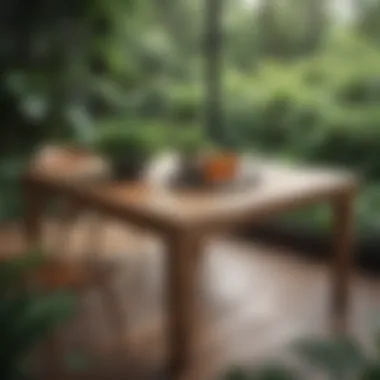 Stylish wood table surrounded by lush greenery