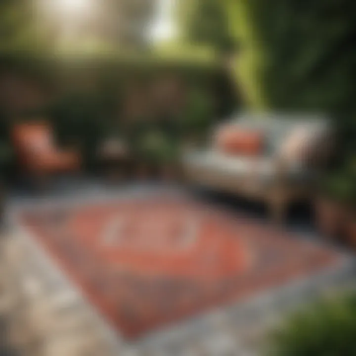 Variety of outdoor rugs displayed in a garden setting