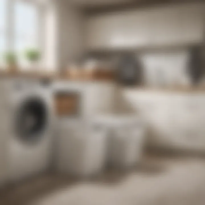 Organized laundry room featuring a three-section hamper, promoting efficient space usage.