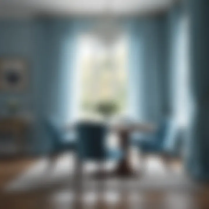 Dining area enhanced with light blue curtains, creating an inviting atmosphere